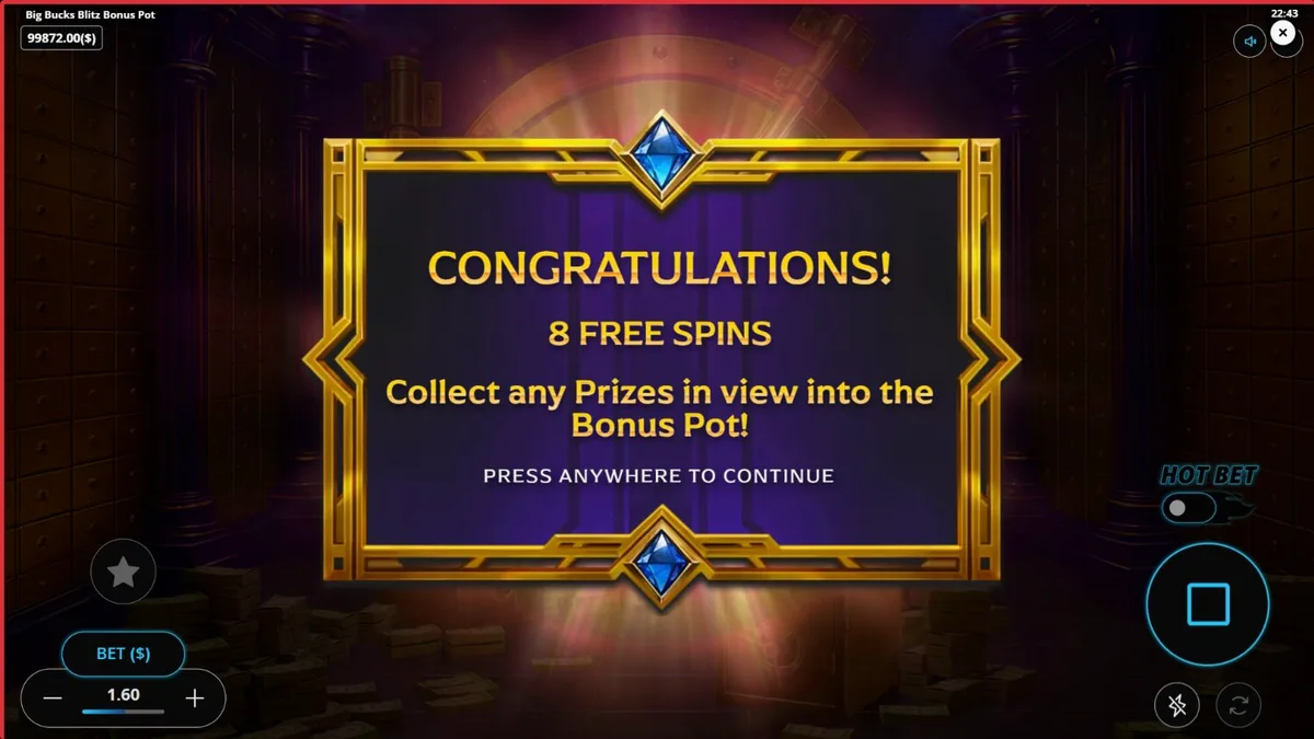 Tampilan visual slot Big Bucks Blitz Bonus Pot dengan tema brankas bank mewah