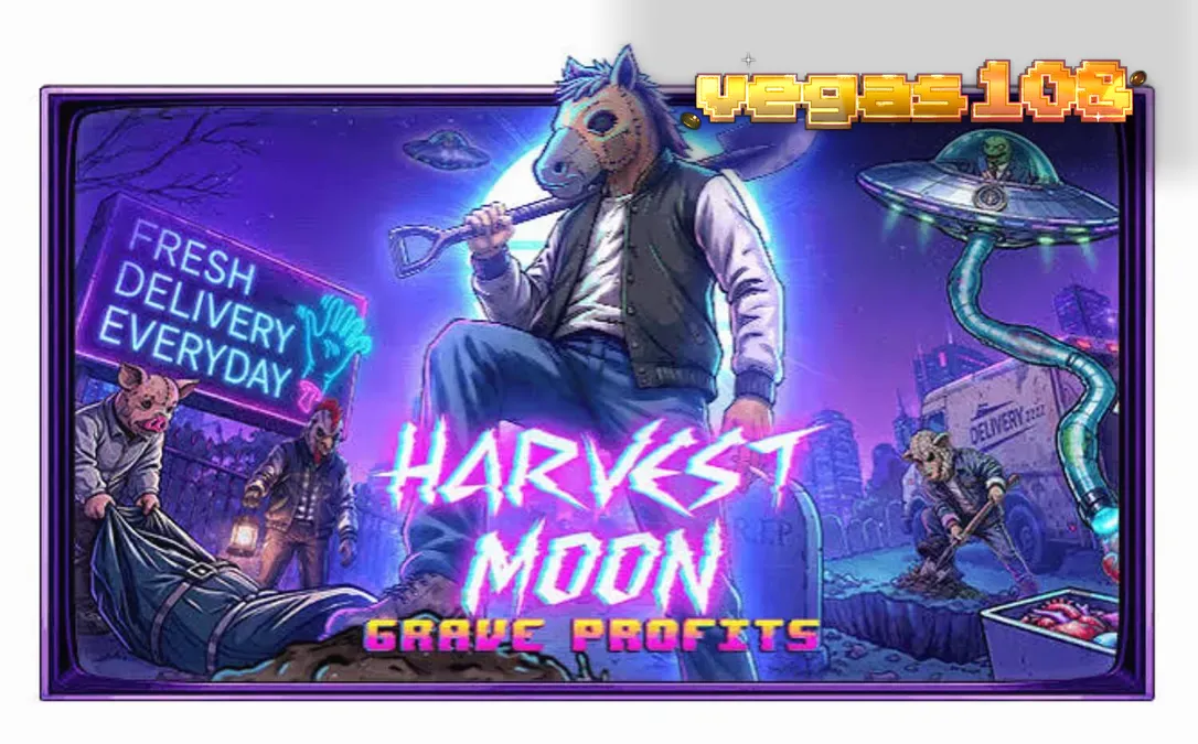 Tampilan visual slot Harvest Moon Grave Profits dengan tema horor dan konspirasi.